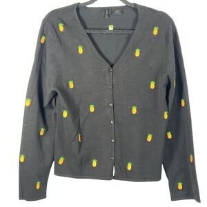 Etoile Women's Black Pineapple Button Up Sweater Cardigan Whimsical Fun Bold Top